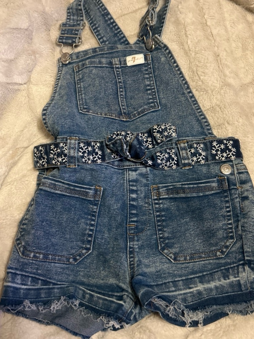 7 For All Mankind Blue Denim Short Overalls with Embroidered Belt